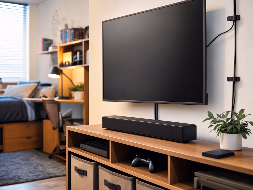 compact_soundbar_positioned_beneath_a_dorm_room_television_with_tidy_cable_routing
